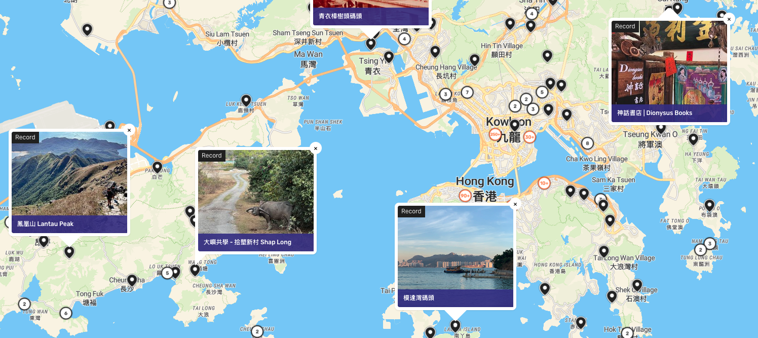 A screenshot of Mapping Hong Kong showing previews for several records